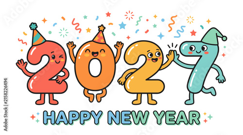 Cute Cartoon Numbers Characters Celebrating 2027 New Year.
