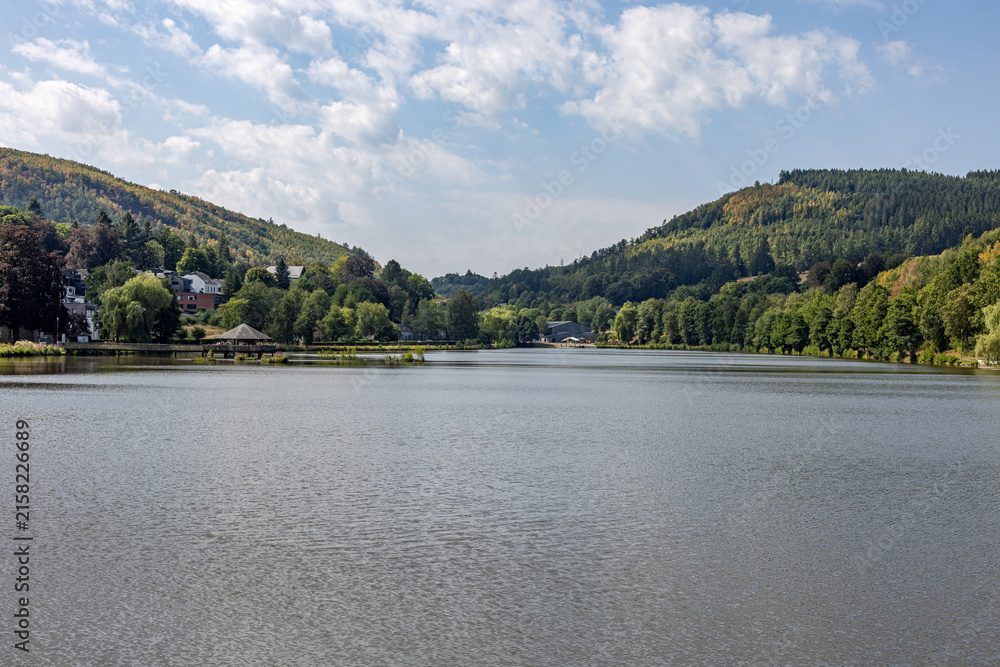 Fototapeta premium View of peaceful lake surrounded by lush green hills under a bright cloudy sky at Lac des Doyards - Belgium