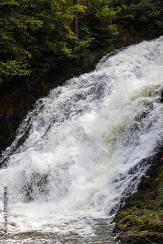 Bild auf Leinwand Powerful rushing water cascading down rocky slopes surrounded by forest at Les C