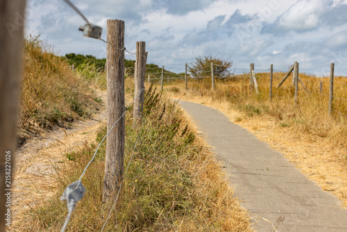 Paved walkway winding through coastal sand dunes lined with wooden posts and wire fencing in Westende - Belgium