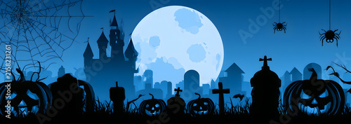 A full moon against black castle outlines, spiders on webs, pumpkins, a graveyard against a blue backdrop, ideal for Halloween banners. Flat vector design
