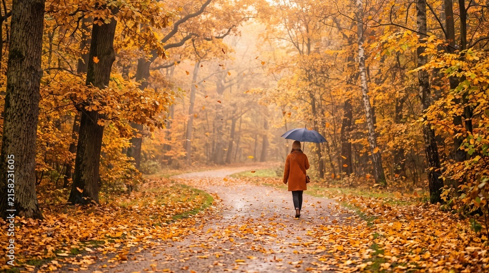 Fototapeta premium Golden Autumn Leaves Falling Park Path Woman Umbrella Walking Morning Mist Cinematic Seasonal Editorial 