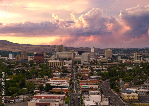 Reno Nevada - Aerial Photo of Downtown Reno and Midtown at Sunset with Smoke Plume from Bug Fire in Background