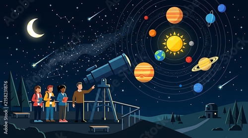 Students learn about the cosmos with a telescope at an outdoor observatory under a starry night sky