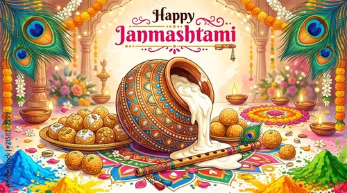 Holiday Symbols Krishna Janmashtami. Broken Pot of yoghurt, peacock feather, flute and sweets