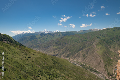 Majestic snow-capped mountains rise above rolling green hills