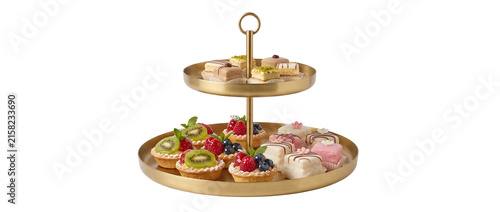 French Pastry Afternoon Tea Stand with Fruit Tarts and Petit Fours on Brass Cake Tier, Gourmet Mini Desserts Displayed for High Tea Party, Elegant Sweet Food Catering Isolated on Black Background