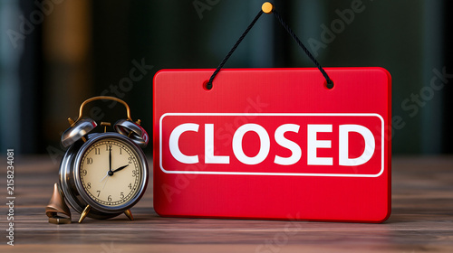 A red hanging sign reading closed next to an alarm clock on a wooden table. This represents business hours and temporary store closures.