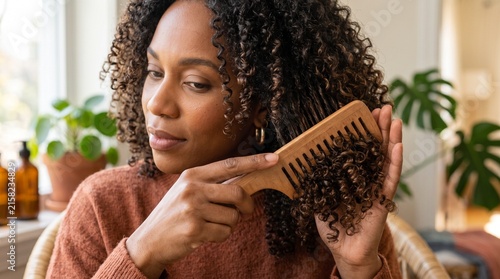 Woman Detangling Curly Hair