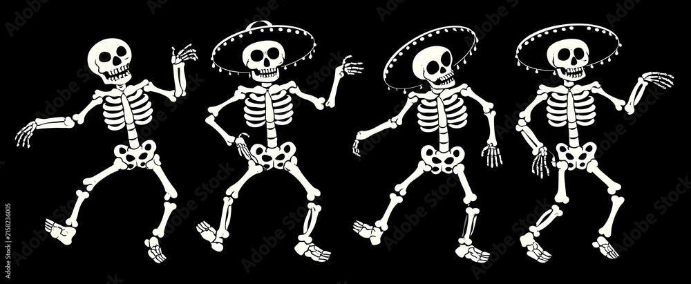Naklejka premium A funny illustration of skeletons dancing. Concept for Dia de los Muertos, Halloween vector image