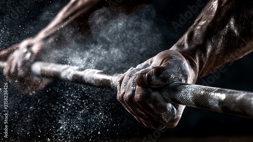 63. An intense close-up of a weightlifter’s hands heavily coated in white chalk gripping the knurled steel barbell. Chalk dust cloud exploding into the air as he pulls, extreme forearm vascularity, 