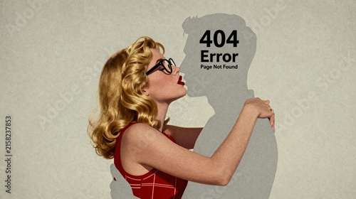 Vintage pinup woman hugging 404 error silhouette. Retro blonde girl embracing page not found shadow. Creative web design concept.