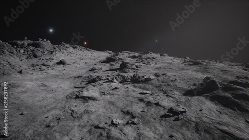 Cinematic lunar surface landscape, rocky moon terrain under dark space sky, desolate grey planetary ground with distant stars