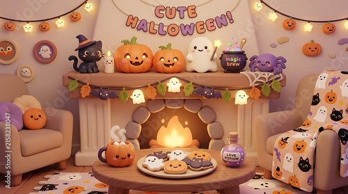 Cozy Halloween themed living room celebration featuring whimsical jack o' lanterns, festive decorations, and a family style dessert table with cupcakes and treats