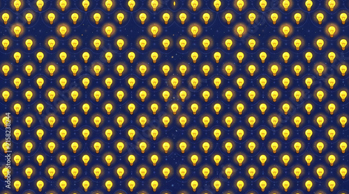 Glowing yellow lightbulbs in seamless repeating pattern on dark blue gradient background for design