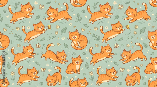 Seamless orange cat faces pattern on light blue grunge texture for fabric and wallpaper design