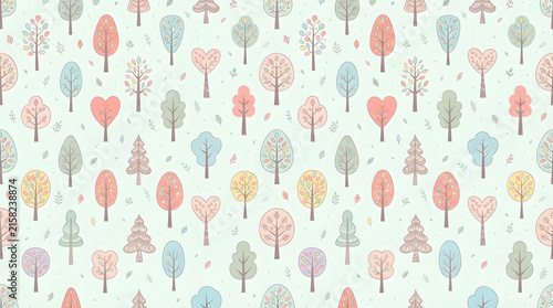 Flat design colorful tree icons set on white seamless vector pattern for nature themes