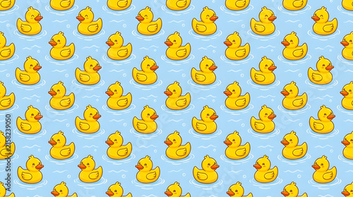 Bright yellow rubber ducks arranged in seamless repeating pattern on white background