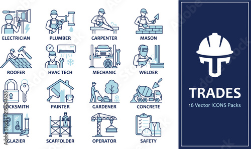 Trades vector icon set features sixteen line designs representing professional occupations including electrician, plumber, carpenter, and mason.