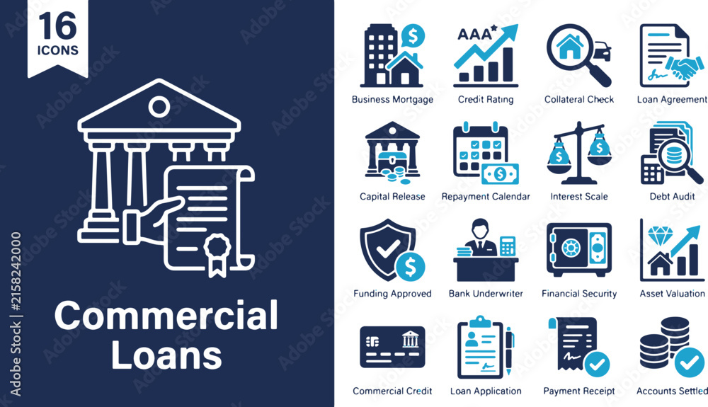 Fototapeta premium Commercial loans icon set includes vector symbols for financial services, banking agreements, credit ratings, and mortgage approvals.