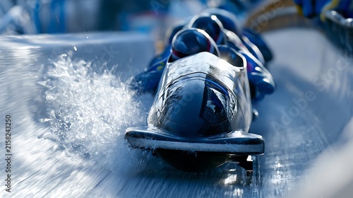 90. A high-speed action shot of a bobsled team blasting through a icy corner turn. Ice shards spraying from the sled runners, reflections of the fast-moving track walls on the athletes' sleek 