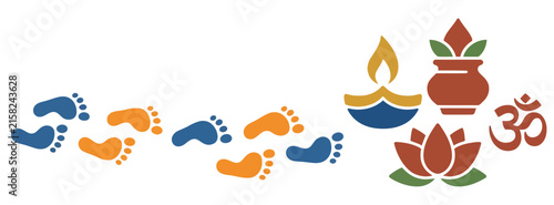 Colorful indian festival elements featuring footprints of goddess lakshmi diya lamp kalash and om symbol