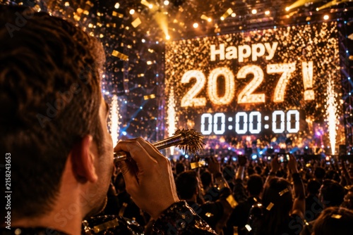 Man celebrating new year 2027 at a crowded concert with countdown on large screen