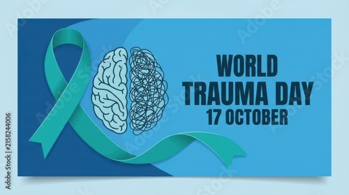 A teal awareness ribbon and human brain illustration represent world trauma day on october seventeenth vector graphic mentalhealth psychology neurology