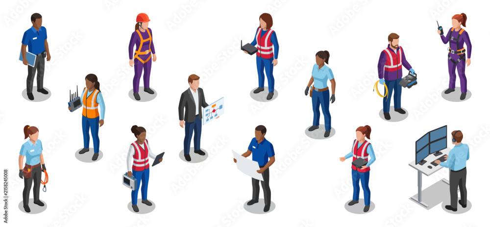 Fototapeta premium Network engineer and telecommunication worker team managing IT infrastructure | Isometric flat illustration