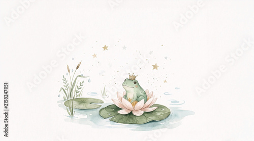 Cute Watercolor Frog Prince on Water Lily for Kids Birthday Card