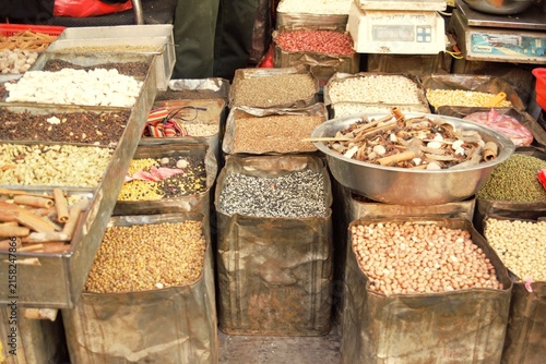 Traditional spices, beans and ingredients at a market in Kathmandu, Nepal