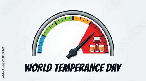 Gauge with needle pointing to red zone and drink icons represents temperance and responsible consumption speedometer dial meter indicator measurement