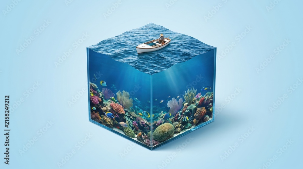 Obraz premium 3D Cube Ocean Concept with Fisherman in Boat Above Underwater Coral Reef. Concept of underwater world. Copy space.
