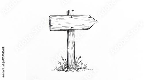 A wooden signpost illustration depicts a directional arrow pointing right with grass at its base arrowhead direction guidance sketch drawing