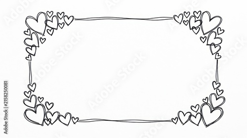 A rectangular frame adorned with hand drawn hearts is presented as a black and white vector illustration heart-shaped border doodle