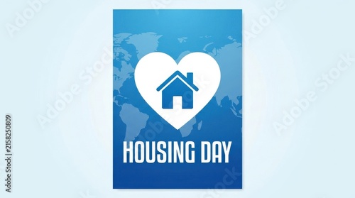 Heart shaped housing icon with a house symbol stands out against a blue world map background home shelter residence dwelling