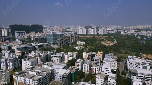 Aerial view of Hyderabad cityscape flying over buildings