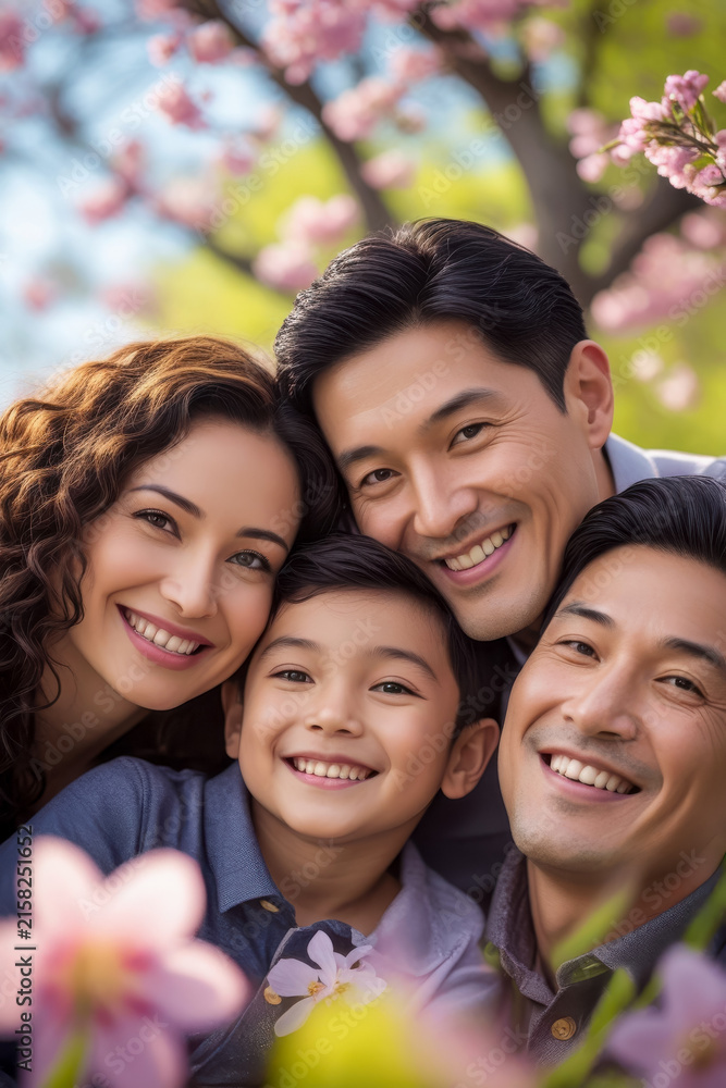 Fototapeta premium Portrait of cute family model on background of blooming floral spring garden flower AI Generative