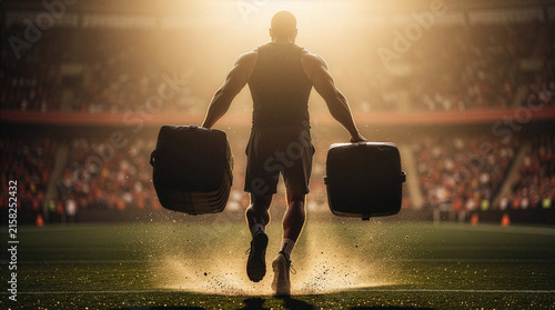Rear view of muscular athlete running inside a crowded stadium carrying two heavy gym bags under bright lights. Motivation, strength training, and endurance sports concept.