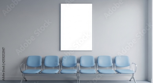 A row of empty light blue chairs in a minimalist waiting room with a blank white sign on a grey wall.