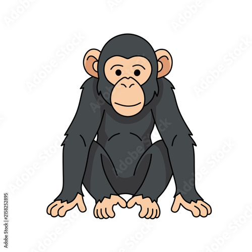Cute cartoon chimpanzee sitting with a playful expression, isolated on a white background. Simple character illustration suitable for children's graphics, stickers, educational materials, animal theme