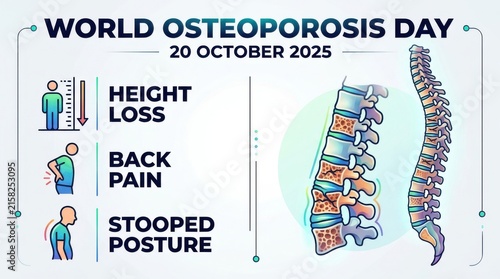 Anatomy illustration depicts a human spinal column alongside icons representing osteoporosis symptoms spine vertebrae skeleton skeletal backbone bone density