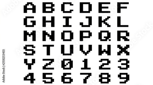 Pixelated alphanumeric characters are displayed in a grid arrangement against a white background digital font glyphs letters numbers pixel