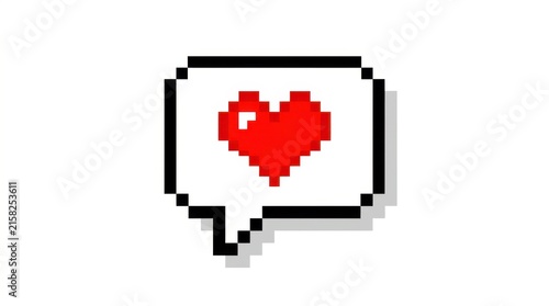 Pixelated heart icon within a speech bubble frame is displayed on a white background 8bit affection alert application cartoon