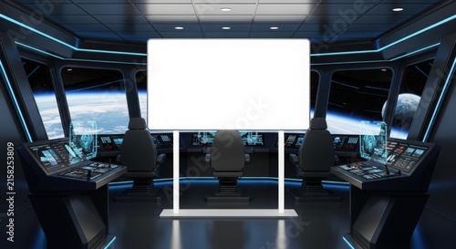 Futuristic spaceship cockpit interior with a large blank screen and view of space.