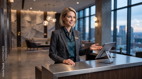 Blond Hotel Receptionist at Modern Luxury Front Desk