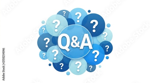 A collection of blue question mark bubbles surrounds the letters q and a on a white background circular communication