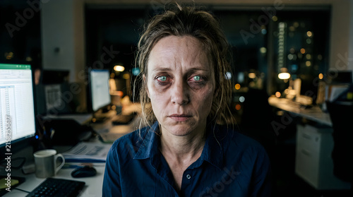 Exhausted office worker with dark circles under eyes working late night at computer desk