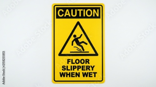 A yellow caution sign warns of a slippery floor with a falling figure illustration warning signage hazard safety alert