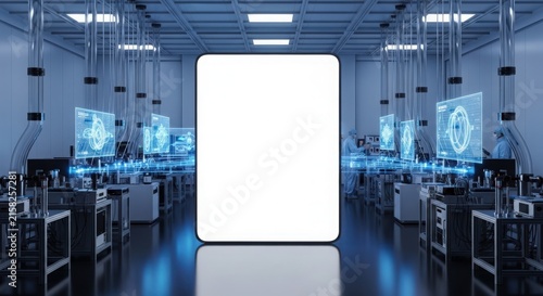 A futuristic factory with a large blank screen and holographic displays, showcasing advanced technology and industrial innovation.